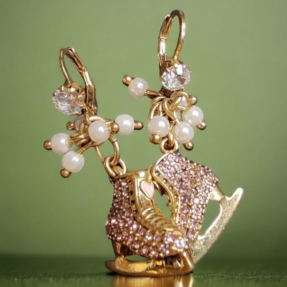 NEW Betsey Johnson Vintage Winter Glam Pink Crystal Ice Skates Holiday Earrings - Picture 4 of 9
